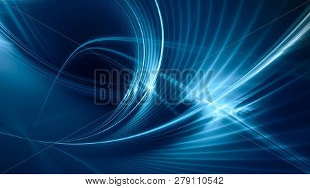 Abstract blue background element on black. Fractal graphics. Three-dimensional composition of glowing lines and mption blur traces. Movement and innovation concept.