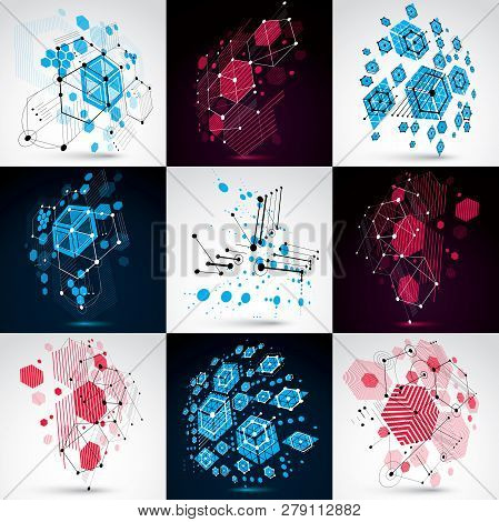 Set Of Vector Bauhaus Abstract Backgrounds Made With Grid And Overlapping Simple Geometric Elements,