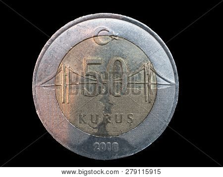 Macro Closeup Of Front Side One Turkish Coin Fifty Kurus Money On Black Background
