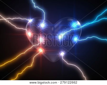 Power Of Love. Concept With Lightning On Heart. 3d Illustration