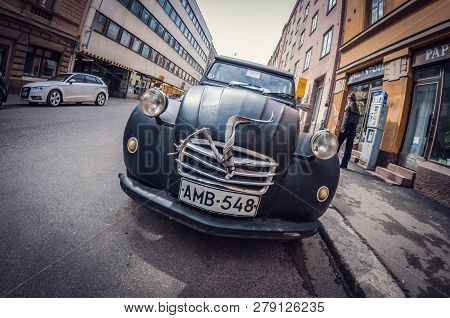 Helsinki, Finland - May 16, 2016: Old Car Black Citroen 2cv. Distortion Perspective Fisheye Lens