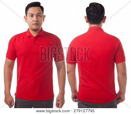 Blank Collared Shirt Mock Up Template, Front And Back View, Asian Male Model Wearing Plain Red T-shi