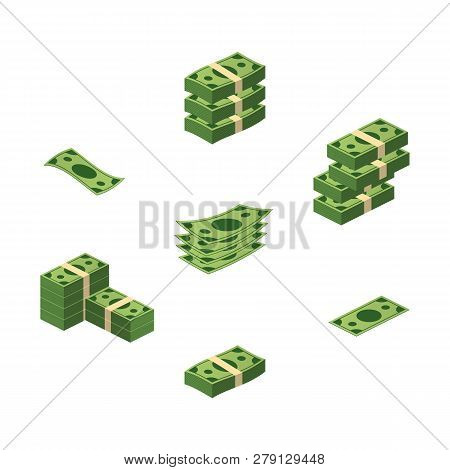Various Money Bills Dollar Cash Paper Bank Notes Vector Set. Money Cash Heap. Vector Stock Illustrat