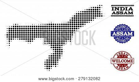 Welcome Composition Of Halftone Map Of Assam State And Corroded Watermarks. Halftone Map Of Assam St