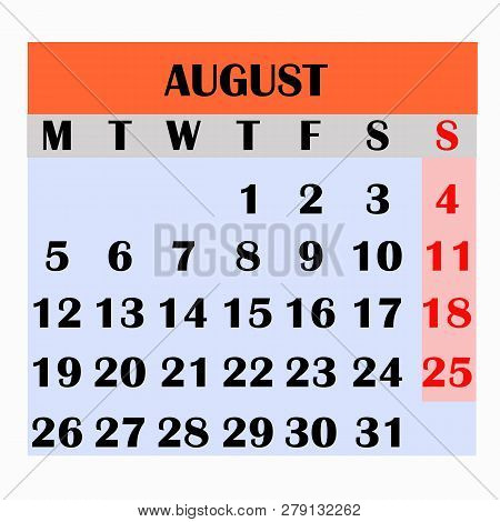 Calendar Design Month August 2019. Year 2019 Calendar. Simple Design For Calendar 2019. Calendar For