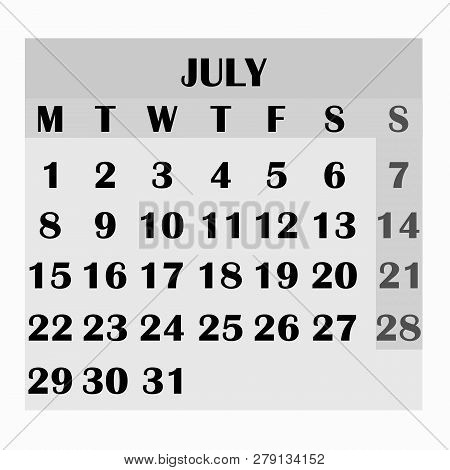 Calendar Design Month July 2019. Year 2019 Calendar. Simple Design For Calendar 2019. Calendar For O