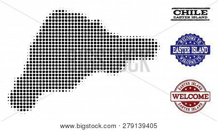 Welcome Composition Of Halftone Map Of Easter Island And Rubber Stamps. Halftone Map Of Easter Islan
