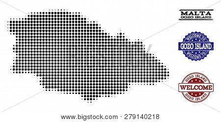 Welcome Collage Of Halftone Map Of Gozo Island And Textured Watermarks. Halftone Map Of Gozo Island 