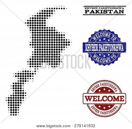 Welcome Composition Of Halftone Map Of Khyber Pakhtunkhwa Province And Corroded Watermarks. Halftone