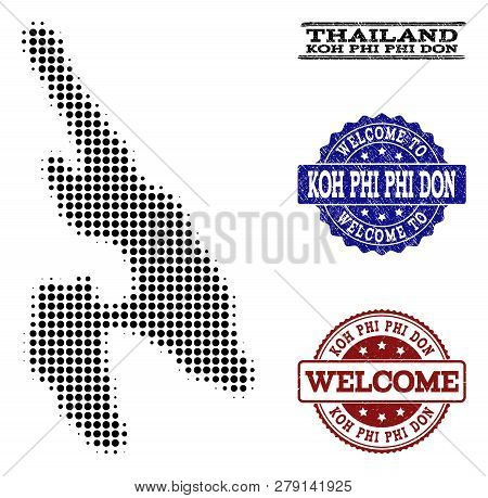 Welcome Composition Of Halftone Map Of Koh Phi Don And Rubber Watermarks. Halftone Map Of Koh Phi Do