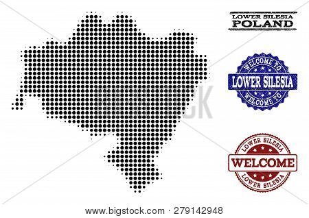 Welcome Combination Of Halftone Map Of Lower Silesia Province And Grunge Seal Stamps. Halftone Map O