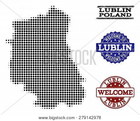 Welcome Combination Of Halftone Map Of Lublin Province And Rubber Watermarks. Halftone Map Of Lublin