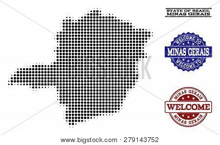 Welcome Composition Of Halftone Map Of Minas Gerais State And Scratched Watermarks. Halftone Map Of 