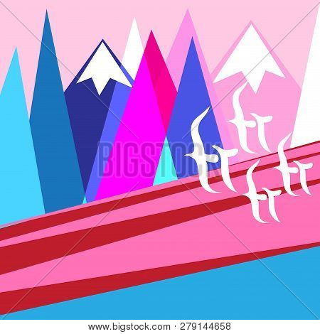 Vector Landscape Picture With Mountains And Seagulls On A Pink Background. An Example For The Design