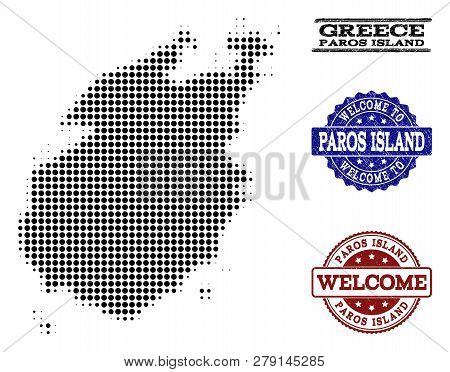 Welcome Combination Of Halftone Map Of Paros Island And Grunge Seals. Halftone Map Of Paros Island C