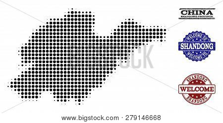 Welcome Collage Of Halftone Map Of Shandong Province And Dirty Watermarks. Halftone Map Of Shandong 