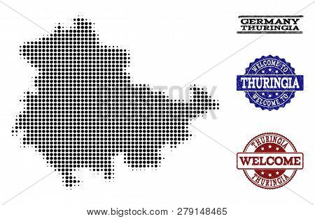 Welcome Combination Of Halftone Map Of Thuringia State And Corroded Seals. Halftone Map Of Thuringia