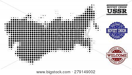 Welcome Collage Of Halftone Map Of Ussr And Corroded Stamps. Halftone Map Of Ussr Constructed With B