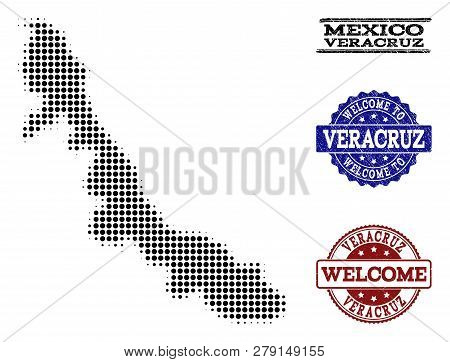 Welcome Combination Of Halftone Map Of Veracruz State And Rubber Seal Stamps. Halftone Map Of Veracr