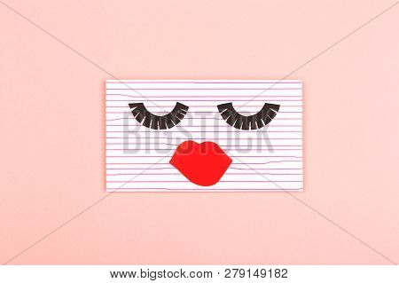 Creative Love Or Valentine Day Background Made With Cute Envelope. Eye Lashes And Red Lips Looklike 