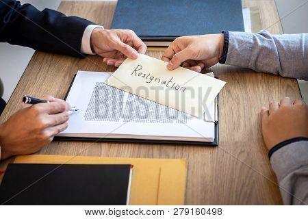 Businessman Sending A Resignation Letter To Employer Boss In Order To Dismiss Contract, Changing And