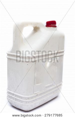 Close Up Of White Colored Jerrican Or Plastic Jerrican Or Jerry Can Isolate On White Used For Contai