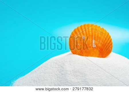 Conch Shell On White Sand On A Blue Background