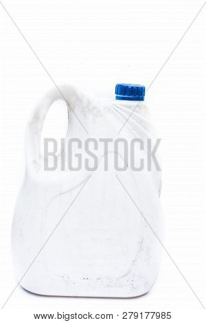 Close Up Of White Colored Jerrican Or Plastic Jerrican Or Jerry Can Isolate On White Used For Contai