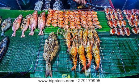 Assorted Type Of Grilled Seafood In Night Market Of Kota Kinabalu,sabah Borneo,malaysia.research Has