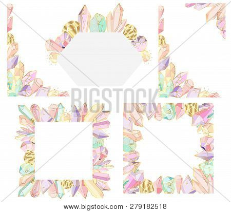 Set Of Vector Square, Corner And Curly Frames For Text With Crystals And Gemes, Golden Outline. Illu