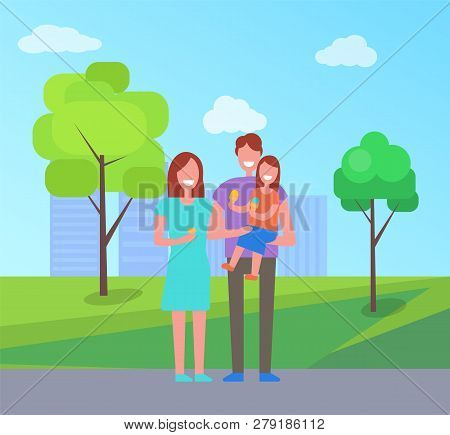 Happy Family Spend Time Togeter, Couple And Child Walk Outdoors, Vector People. Parents And Daughter
