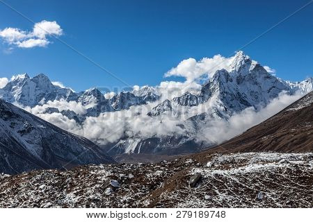 Beautiful Panoramic Mountain View Of Ama Dablam Summit On The Famous Everest Base Camp Trek In Himal