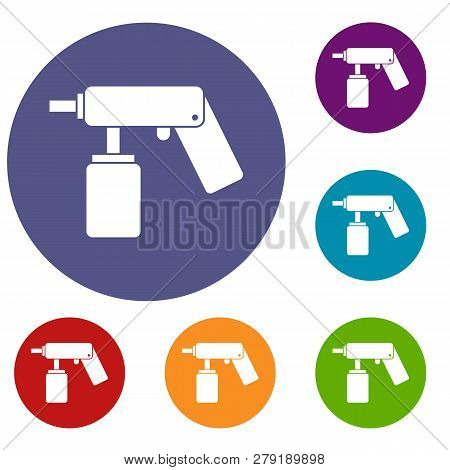 Spray Aerosol Can Bottle With A Nozzle Icons Set In Flat Circle Reb, Blue And Green Color For Web