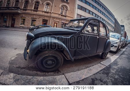 Helsinki, Finland - May 16, 2016: Old Car Black Citroen 2cv. Distortion Perspective Fisheye Lens