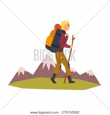 Man Walking With Backpack And Stuff, Summer Mountain Landscape, Outdoor Adventures, Travel, Camping,