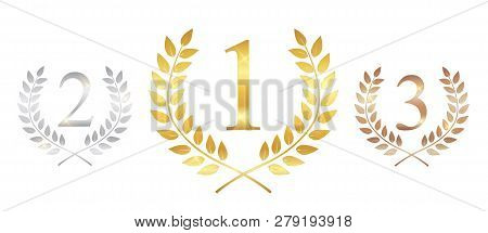 Golden, Silver And Bronze Award Laurel Wreat . Winner Leaf Label,  Symbol Of Victory. Vector Illustr