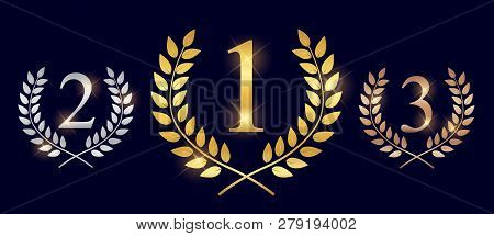 Golden, Silver And Bronze Award Laurel Wreat . Winner Leaf Label,  Symbol Of Victory. Vector Illustr