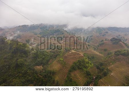 View Of Amaizing Landscape With Mountains And Terased Rice Fields Of Sa Pa On Winter Time Rainy And 