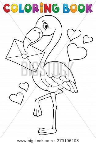 Coloring Book Flamingo With Love Letter - Eps10 Vector Picture Illustration.