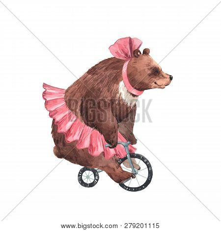 Beautiful Vector Watercolor Circus Bear On Bike Illustration