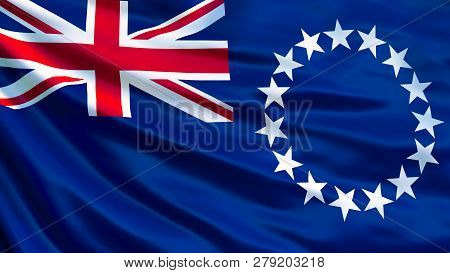 Cook Islands Flag. Waving Flag Of Cook Islands 3d Illustration. Avarua