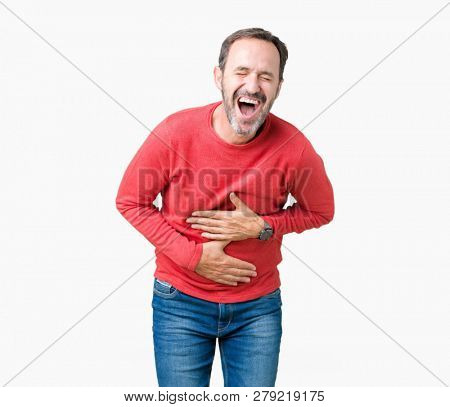 Handsome middle age hoary senior man wearing winter sweater over isolated background Smiling and laughing hard out loud because funny crazy joke. Happy expression.
