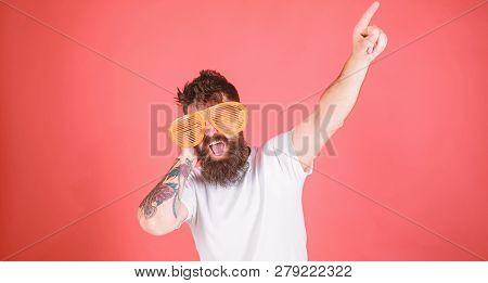 Man Bearded Hipster Wears Giant Louvered Sunglasses. Sunglasses Accessory Gives Incredible Feeling O