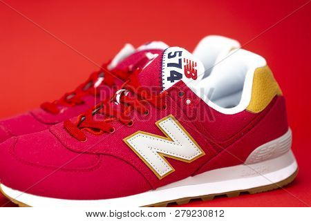 Boston, Ma, Usa, January 2019 - New Balance Nb 574 Athletic Shoes On Studio Background. New Balance 