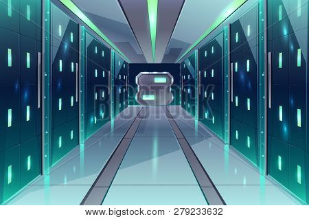 Vector Cartoon Corridor In A Spaceship, Datacenter With Server Racks. The Illuminated Passage In A S