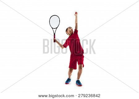 Young Teen Boy Tennis Player In Motion Or Movement Isolated On White Studio Background. The Sport, E