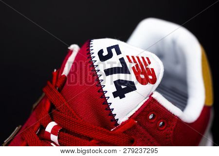 Boston, Ma, Usa, January 2019 - New Balance Nb 574 Athletic Shoes On Studio Background. New Balance 