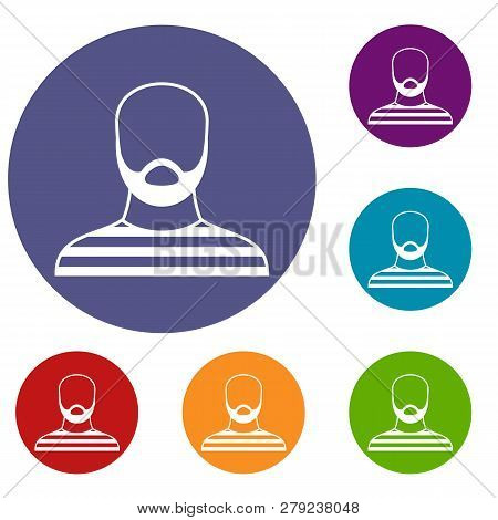 Bearded Man In Prison Garb Icons Set In Flat Circle Reb, Blue And Green Color For Web