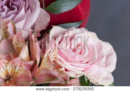 Bouqet Of Flowers In Redt Box. Nice Celebration Present. Selective Focus, Close Up
