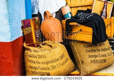 Trinidad, Cuba - 2019.perfect Souvenir From Trinidad, Coffee And Bottles Of Cuban Liquor.